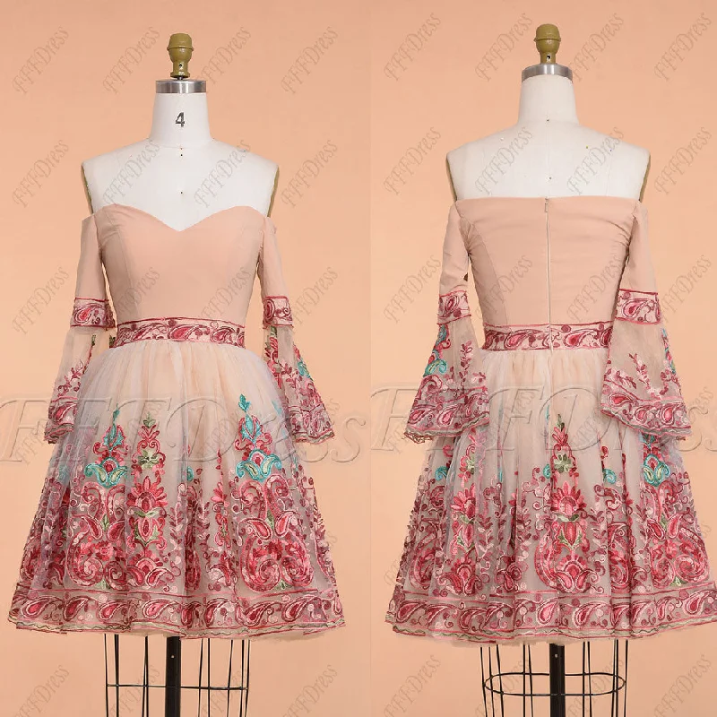 Floral Short Prom Dresses with Sleeves Homecoming Dresses