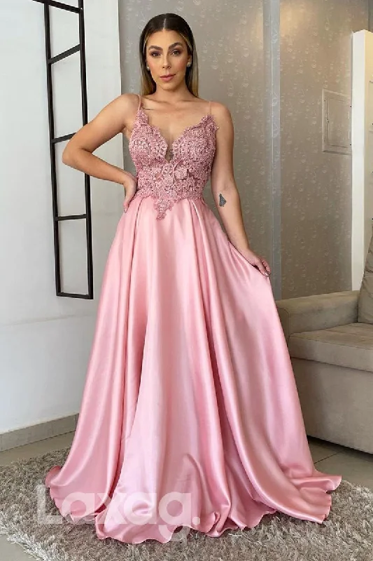 18719 - Women's Spaghetti Straps Appliques Long Formal Evening Dress