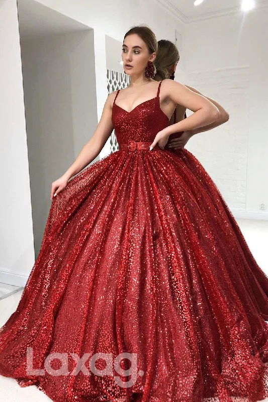 18793 - Ball Gown Spaghetti Straps Burgundy Long Prom Dresses Glitter