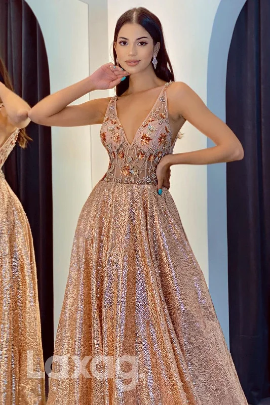 18754 - Attractive V-Neck Applique Long Formal Evening Dress Glitter