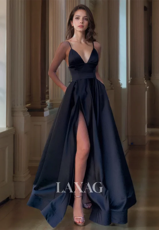 A-Line V-Neck Spaghetti Straps Off-Shoulder Sleeveless Sleek Satin Prom Dress with High Slit A-Line V-Neck Spaghetti Straps Off-Shoulder Sleeveless Sleek Satin Prom Dress with High Slit