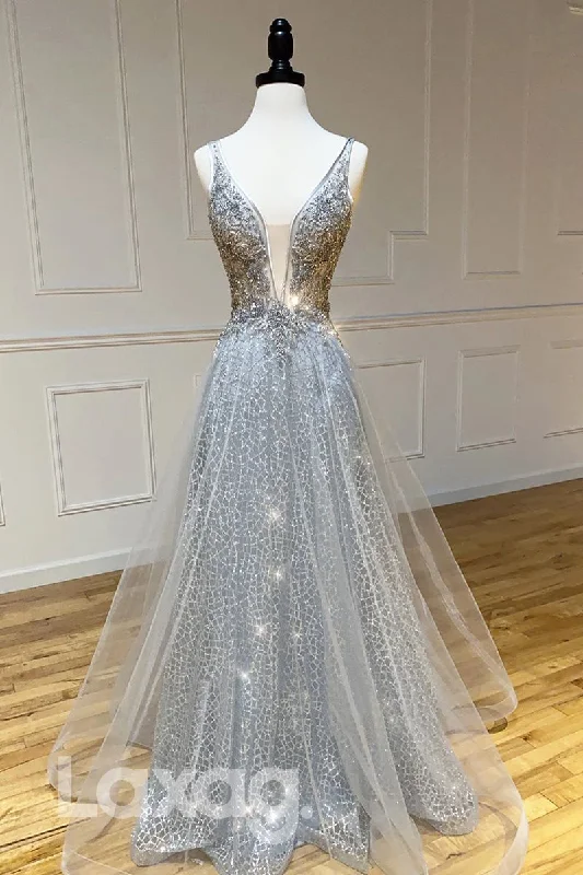 15784 - Deep V-neck Beads Silver Prom Dress Glitter
