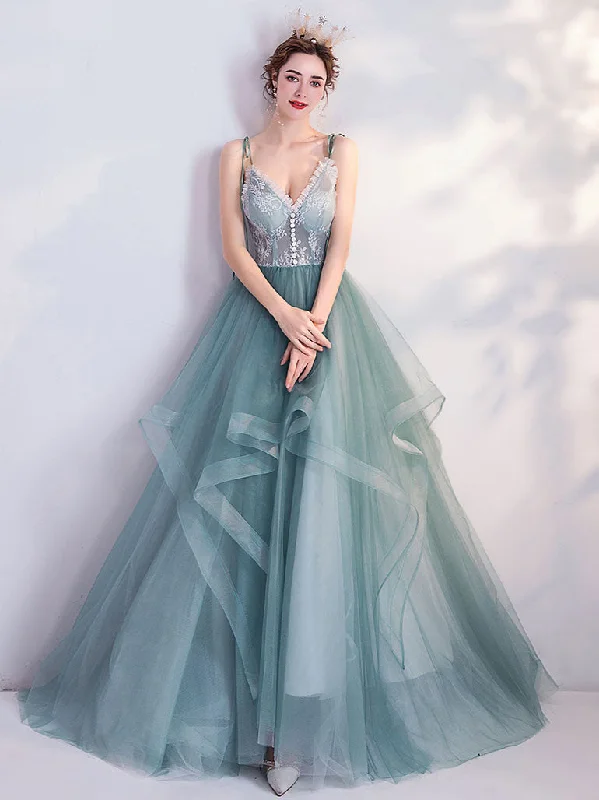 Green V Neck Tulle Lace Long Prom Dress Green Evening Dress