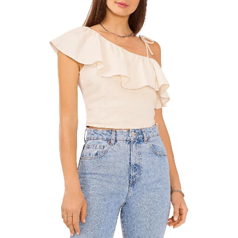 1.State Womens Linen Blend Cropped Blouse Classic White Blouse