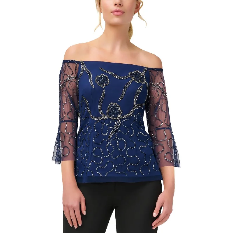 Adrianna Papell Womens Sequined Beaded Blouse Satin Drape Blouse