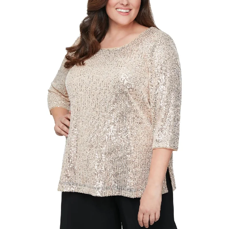 Alex Evenings Womens Plus Sequined Wideneck Blouse Ruched Sleeve Blouse