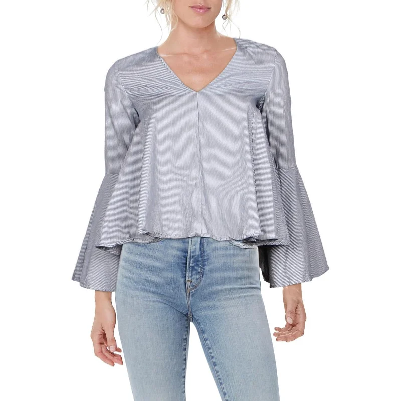Aqua Womens Striped V-Neck Blouse Sweetheart Neck Blouse