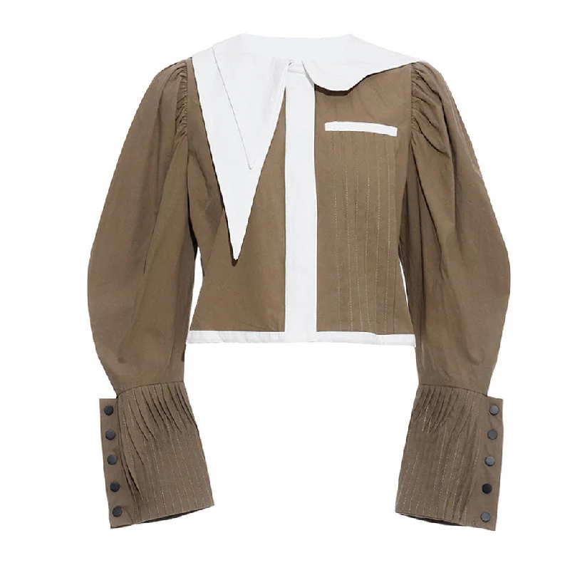 Asymmetrical Layered Collar Puff Sleeve Contrast Frilled Trim Crop Blouse Smart Casual Blouse Asymmetrical Layered Collar Puff Sleeve Contrast Frilled Trim Crop Blouse Smart Casual Blouse