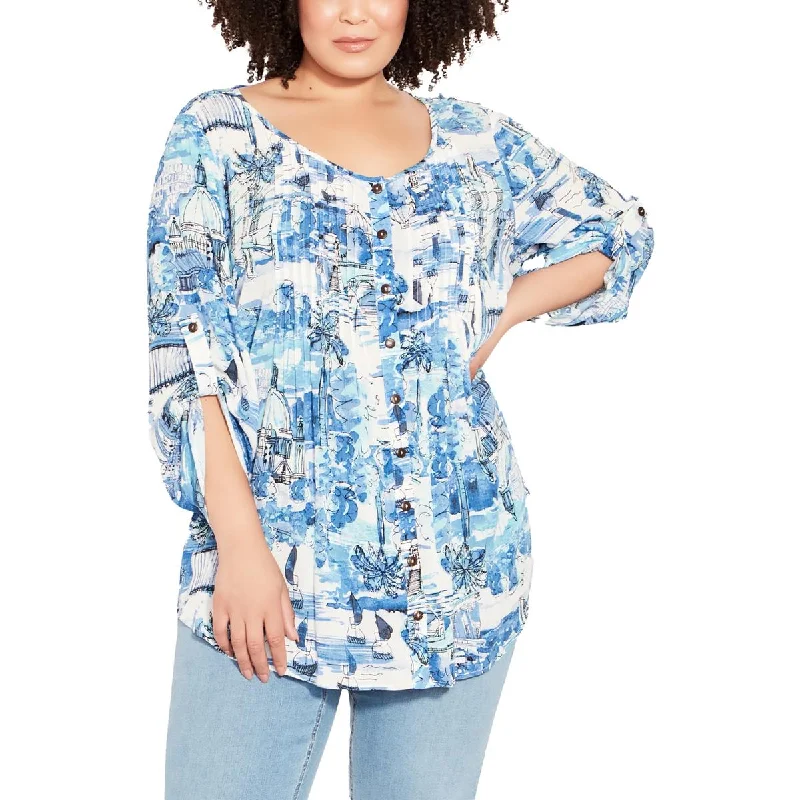 Avenue Womens Plus Pintuck Button-Down Blouse Casual Button Blouse