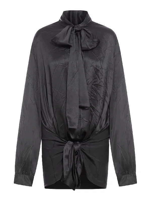 WOMEN`S KNOTTED LAVALIERE BLOUSE IN BLACK Soft Satin Blouse