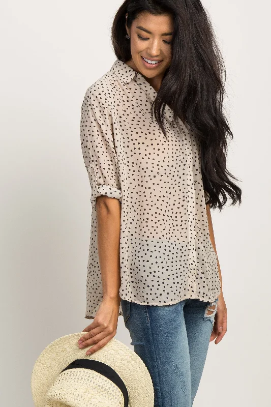Beige Polka Dot Chiffon Blouse Feminine Puff Blouse