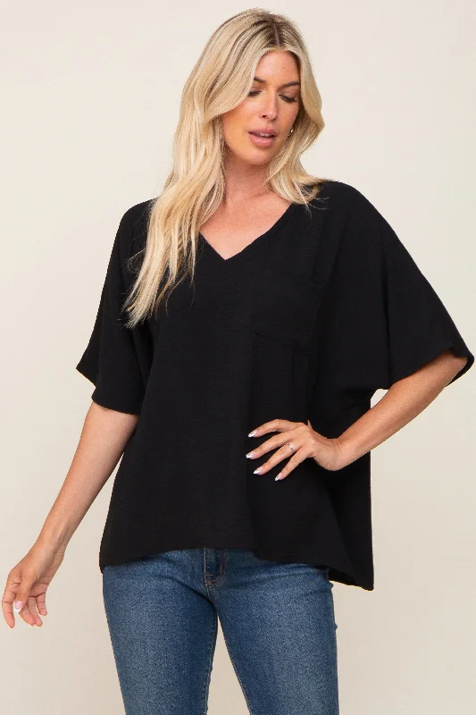Black Oversized V-Neck Pocket Front Blouse Romantic Lace Blouse