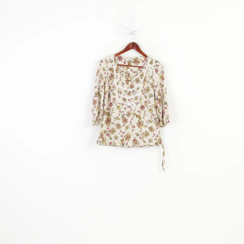 Boysen's Women M Blouse Flowers Print Beige Crew Neck 7/8 Sleeve Bottoms Short Sleeve Top Delicate Pleat Blouse