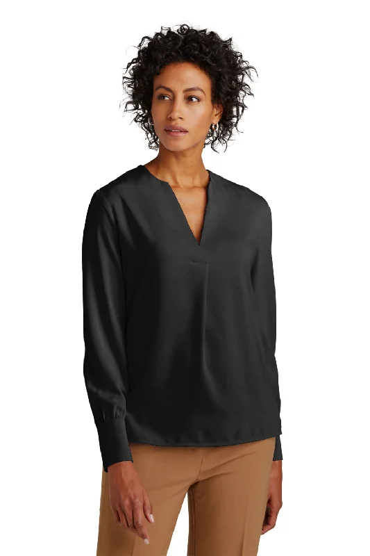 Brooks Brothers Womens Anti Static Open Neck Long Sleeve Blouse - Deep Black Embellished Collar Blouse