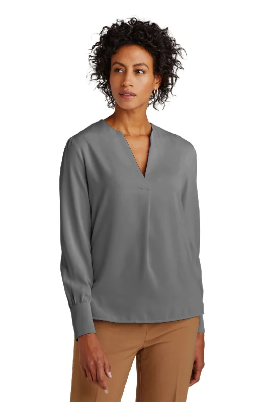 Brooks Brothers Womens Anti Static Open Neck Long Sleeve Blouse - Shadow Grey Flowy Bohemian Blouse