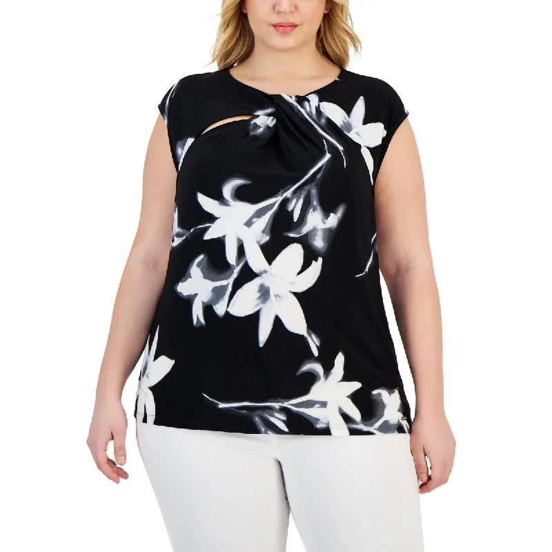 Calvin Klein Womens Plus Floral Print Cut-Out Blouse Frilled Cuff Blouse
