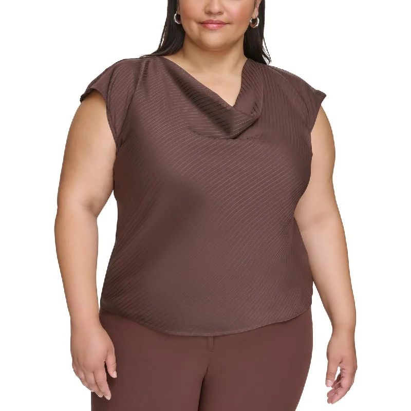 Calvin Klein Womens Plus Shadow Stripe  Blouse Gathered Detail Blouse