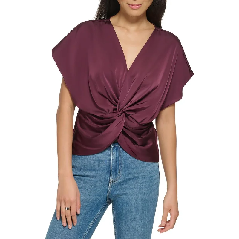 Calvin Klein Womens Twist Front V-Neck Blouse Frilled Cuff Blouse
