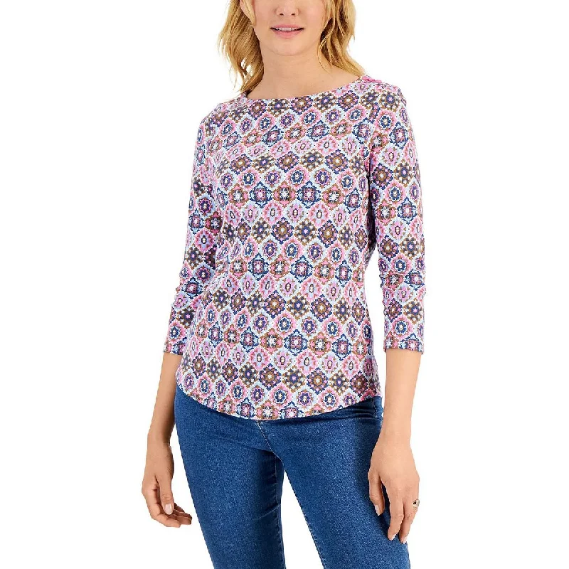Charter Club Womens Petites Pima Cotton Tile Print Blouse Feminine Tie Blouse