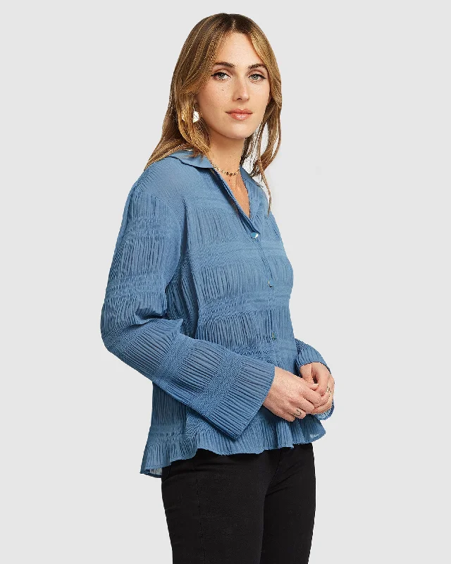 Yoko Shirred Chiffon Blouse - Dusty Blue FINAL SALE Feminine Ruffle Blouse