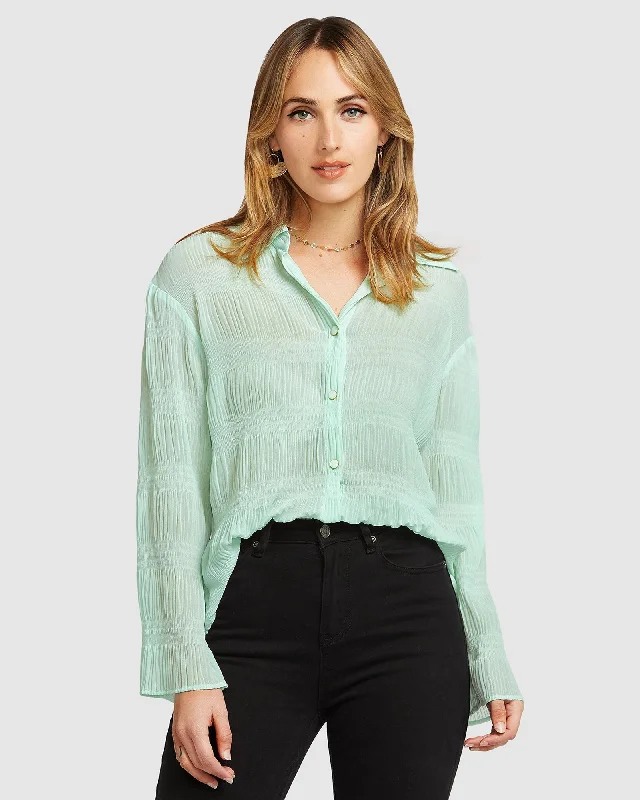 Yoko Shirred Chiffon Blouse - Mint FINAL SALE Silky Tunic Blouse