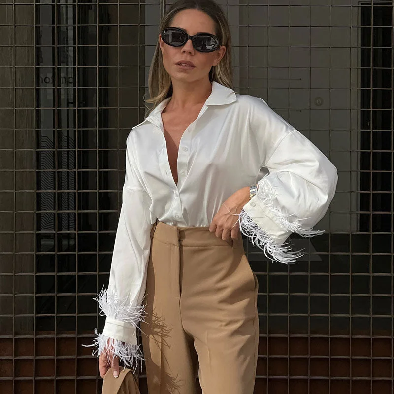 Classy Faux Feather Trim Long Sleeve Collared Button Down Satin Blouse - White Oversized Silk Blouse