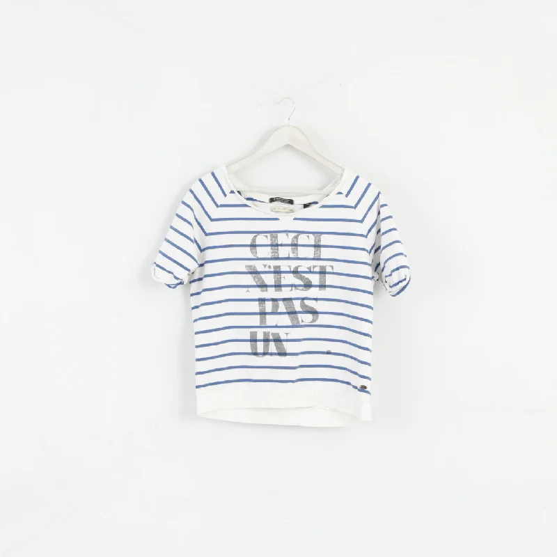 Maison Scotch Women 2 S Blouse White Blue Striped Cotton Short Sleeve Top Classic White Blouse