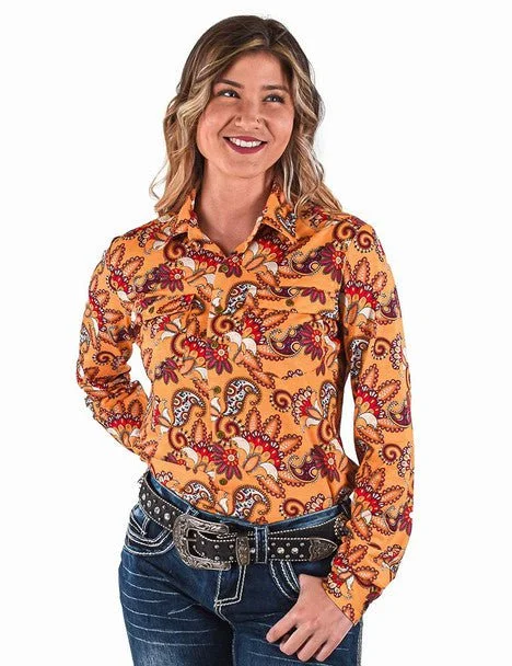 Cowgirl Tuff Womens Paisley Button Up Gold Poly/Spandex L/S Blouse High Neck Blouse
