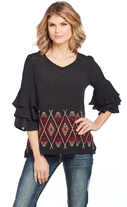 Cowgirl Up Womens Black/Red Rayon Geometric Ruffle Blouse S/S Balloon Sleeve Blouse