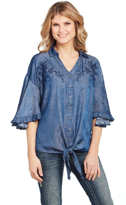 Cowgirl Up Womens Denim Polyester V-Neck Ruffle Blouse S/S Romantic Lace Blouse