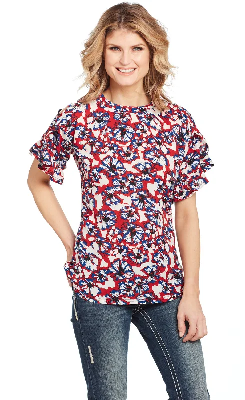 Cowgirl Up Womens Multi-Color Polyester Floral Blouse S/S Satin Drape Blouse