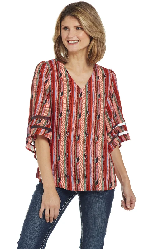 Cowgirl Up Womens Red/Green Polyester Striped Blouse S/S Loose Oversized Blouse