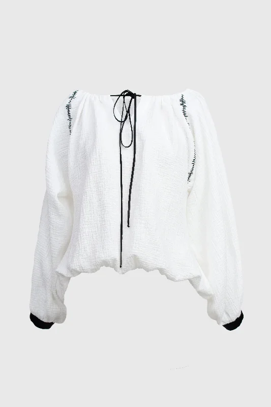 Crinkled Blouse - Black Joining Stitch Textured Cotton Blouse