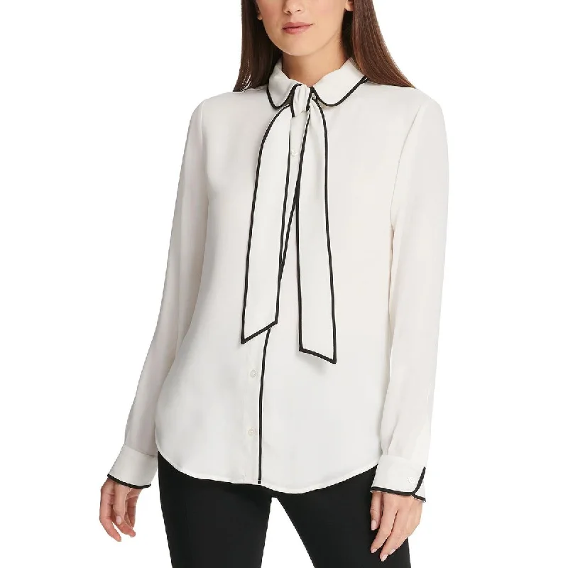 DKNY Womens Petites Button-Down Collared Blouse Frilled Cuff Blouse