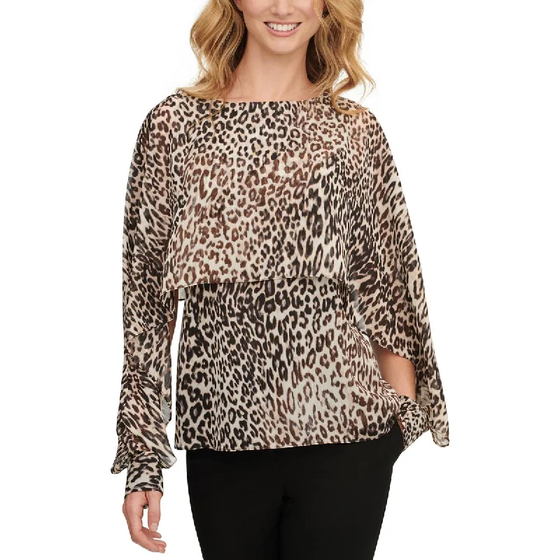 DKNY Womens Petites Metallic Animal Print Blouse Pastel Color Blouse