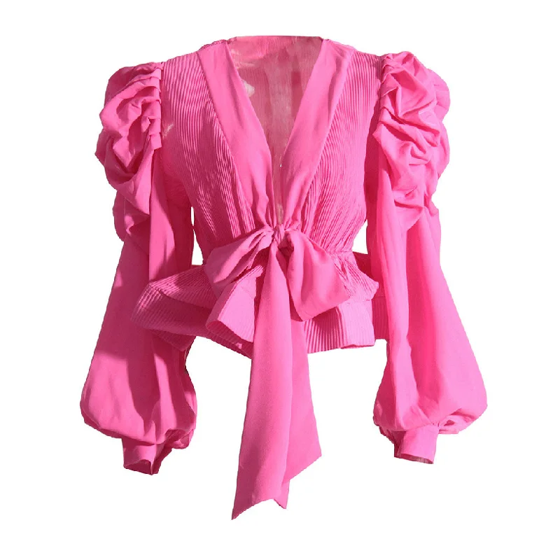 Dramatic Puff Sleeve V Neck Tie Front Pleated Chiffon Peplum Blouse Sheer Mesh Blouse