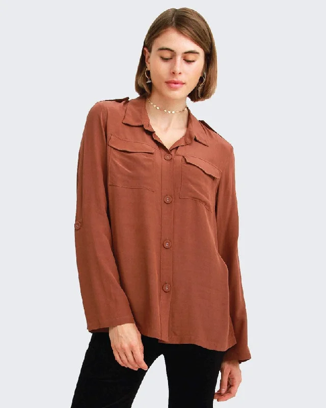 Eclipse Rolled Sleeve Blouse - Brown FINAL SALE Ruched Sleeve Blouse