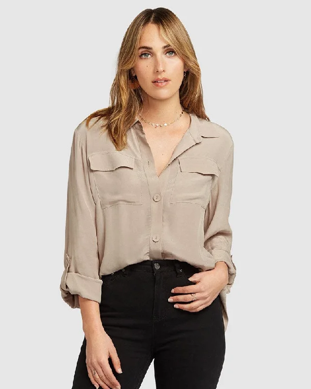 Eclipse Rolled Sleeve Blouse - Sand FINAL SALE Satin Bow Blouse