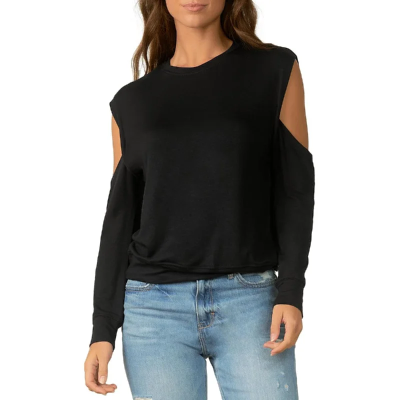 Elan Womens Cut Out Crew Neck Blouse Short Sleeve Blouse