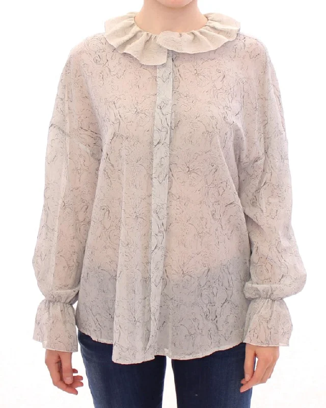 Elegant Blue Cotton Tunic Blouse Sheer Mesh Blouse