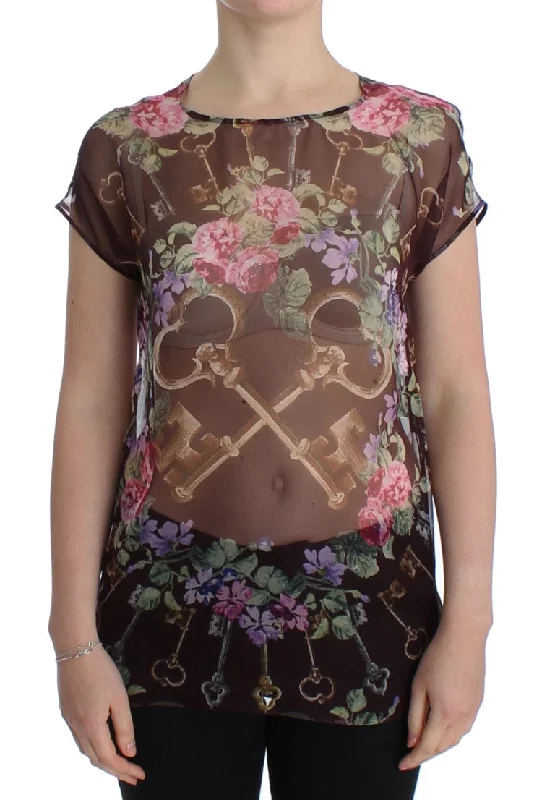 Elegant Floral Silk Blouse with Cap Sleeves Everyday Stylish Blouse