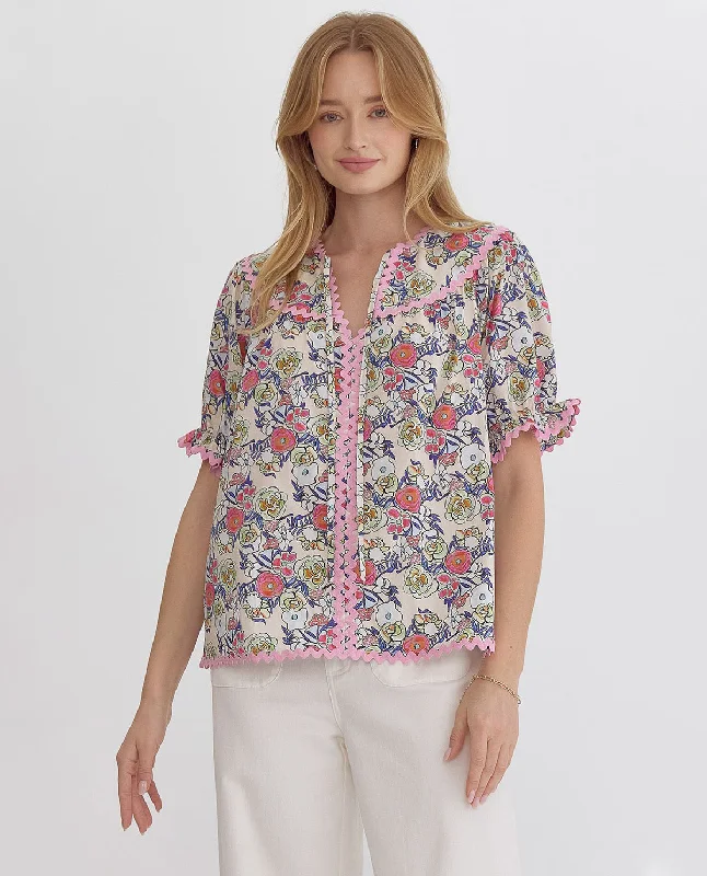 Short Sleeve Floral Print Blouse Vintage Polka Blouse