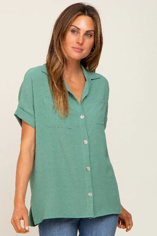 Green Collared Button-Down Short Sleeve Blouse Casual Stripe Blouse