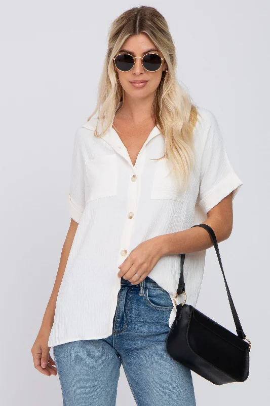 Ivory Collared Button-Down Short Sleeve Blouse Romantic Lace Blouse