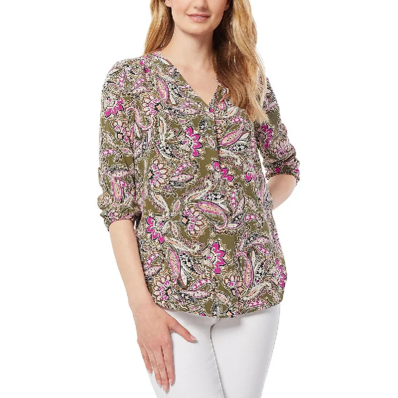 Jones New York Womens Paisley V-Neck Blouse Double Button Blouse