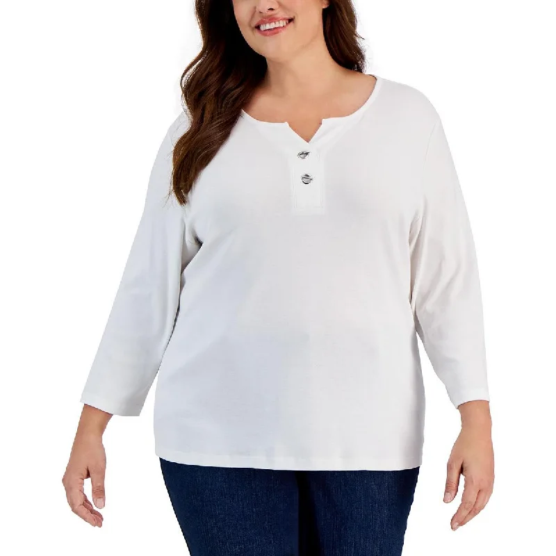 Karen Scott Womens Plus Cotton Toggle Button Neck Blouse Satin Long Blouse