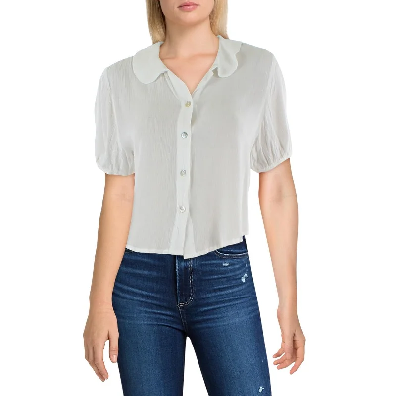 Kingston Grey Womens Juniors Textured Peter Pan Collar Blouse Balloon Sleeve Blouse