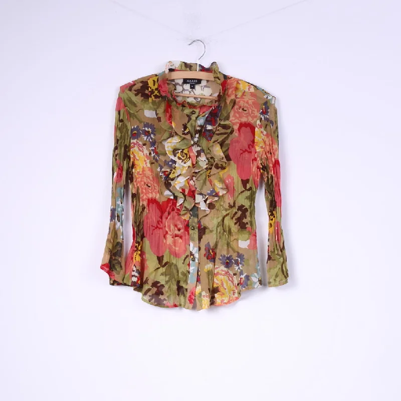 Kriss Sweden M Blouse Green Floral Transparent Ruffle Long Sleeve Top Chic Off-Shoulder Blouse
