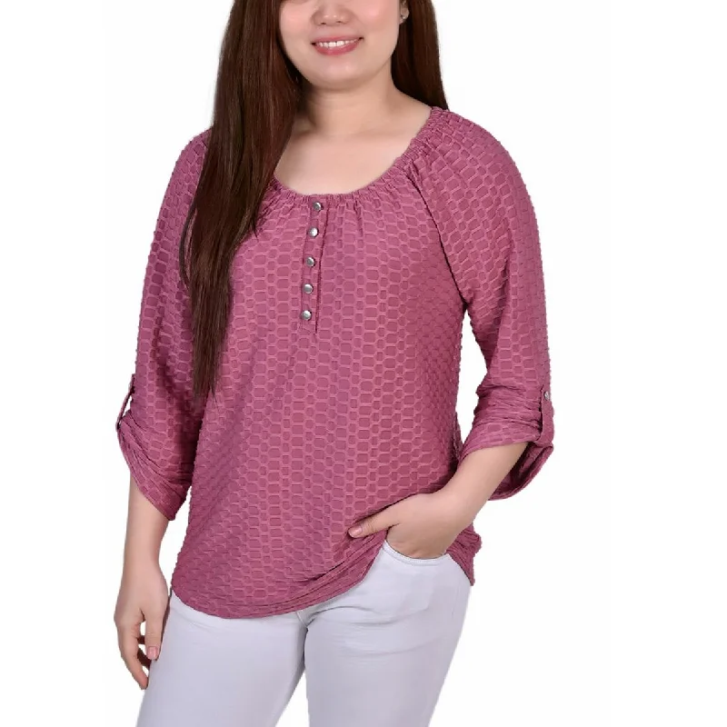 Notations Womens Petites Honeycomb Daytime Blouse Elegant Embroidery Blouse