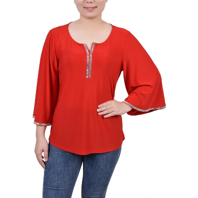 NY Collection Womens Petites Embellished Bell Sleeves Blouse Delicate Pleat Blouse